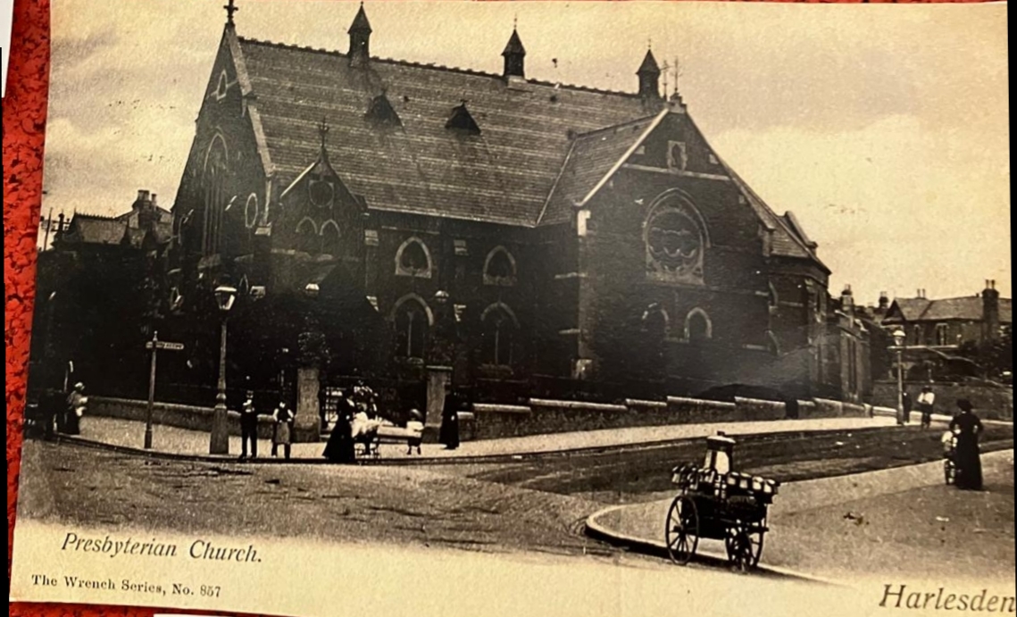 Old black and white photograph of the outside of the Presbyterian Church (The Wrench Series, No. 857)