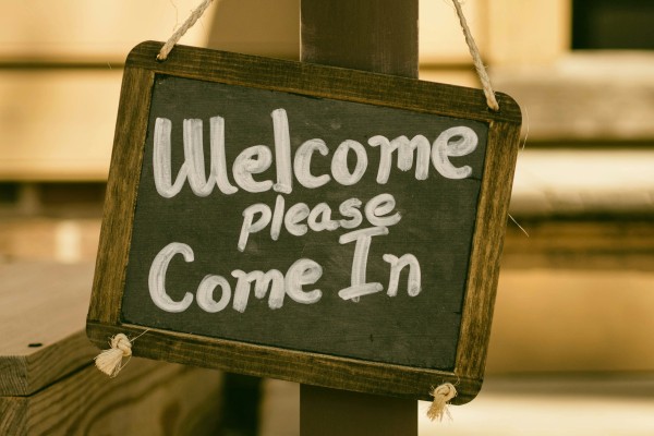 A chalkboard sign saying